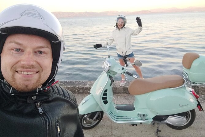 Corfu 300cc Vespa Scooter Rental - Riding two-up with the top case and backrest