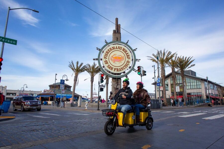San Francisco: Electric Scooter Rental with GPS Storytelling - The hill to the Golden Gate Bridge welcome plaza